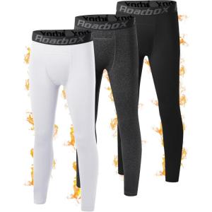 imageRoadbox Youth Boys Thermal Compression Pants Fleece Lind Base Layer Sports Leggings Athletic Tights for Cold Weather3 Pack Floral Grayblackwhite