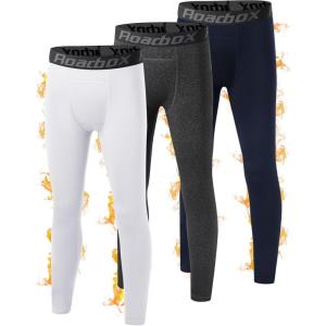 imageRoadbox Youth Boys Thermal Compression Pants Fleece Lind Base Layer Sports Leggings Athletic Tights for Cold Weather3 Pack Navy Bluefloral Graywhite