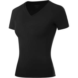 imageRoadbox Womens Compression Shirt Short Sleeve V Neck Workout Tops Quick Dry Athletic Gym Base Layer for Yoga Running SportsBlack