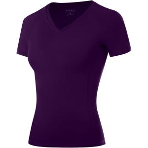 imageRoadbox Womens Compression Shirt Short Sleeve V Neck Workout Tops Quick Dry Athletic Gym Base Layer for Yoga Running SportsDeep Purple