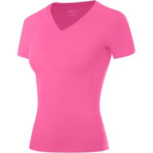 imageRoadbox Womens Compression Shirt Short Sleeve V Neck Workout Tops Quick Dry Athletic Gym Base Layer for Yoga Running SportsRose Red