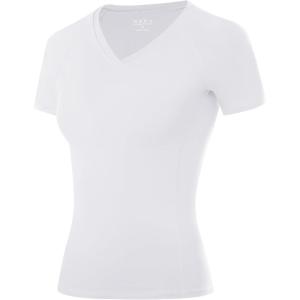 imageRoadbox Womens Compression Shirt Short Sleeve V Neck Workout Tops Quick Dry Athletic Gym Base Layer for Yoga Running SportsWhite