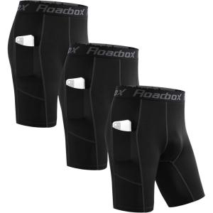 image:imageRoadbox Mens Compression Shorts with Pockets 3 Pack 9 Performance Running Base Layer for Workout Sports Underwear