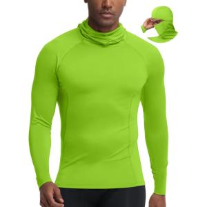 image:imageRoadbox Mens Compression Shirt Hoodie with Mask Long Sleeve Workout Athletic Base Layer Sports Gym Running Undershirt TopLime Green