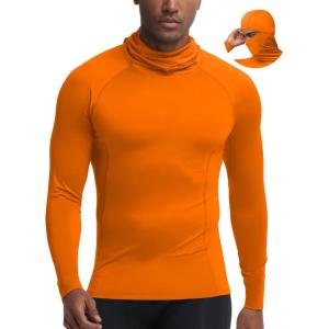 image:imageRoadbox Mens Compression Shirt Hoodie with Mask Long Sleeve Workout Athletic Base Layer Sports Gym Running Undershirt TopOrange