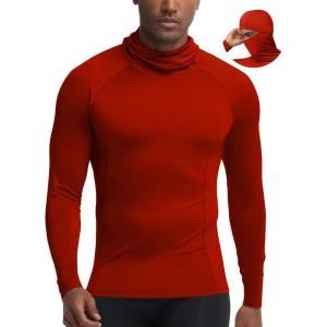 image:imageRoadbox Mens Compression Shirt Hoodie with Mask Long Sleeve Workout Athletic Base Layer Sports Gym Running Undershirt TopTomato Red