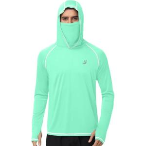 image:imageRoadbox UPF 50 Fishing Shirts for Men Long Sleeve UV Sun Hoodie with Mask Outdoor Swim Hiking Running Workout Rash GuardGreen