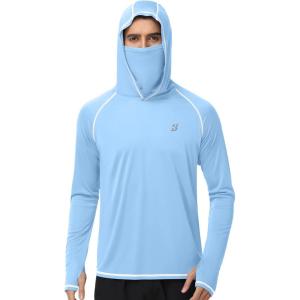 image:imageRoadbox UPF 50 Fishing Shirts for Men Long Sleeve UV Sun Hoodie with Mask Outdoor Swim Hiking Running Workout Rash GuardLight Blue