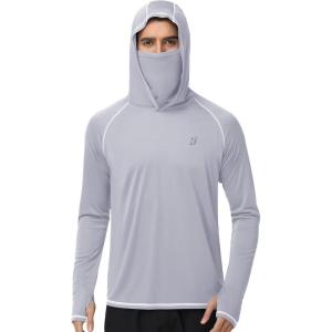 image:imageRoadbox UPF 50 Fishing Shirts for Men Long Sleeve UV Sun Hoodie with Mask Outdoor Swim Hiking Running Workout Rash GuardLight Gray