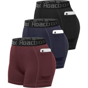 image:imageRoadbox 3 Womens Volleyball Spandex Shorts with PocketNonPocket 23 Pack Compression Shorts for Workout Running Gym YogaPocketsblackredpurple