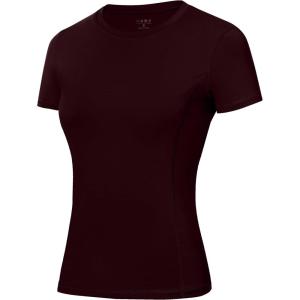 image:imageRoadbox Compression Shirt for Women Slim Fit Short Sleeve Athletic Top Workout Undershirt for Gym Yoga Wine Red