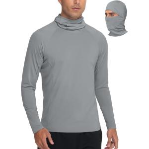 image:imageRoadbox Mens UPF 50 Sun Shirt Long Sleeve Fishing Hoodie UV Protection Hooded Rash Guard with Mask for Hiking RunningLight Gray