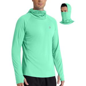 image:imageRoadbox UPF 50 Mens Hooded Fishing Shirts Long Sleeve UV Sun Protection Hoodie Hiking Running Swim Rash Guard with MaskMint Green