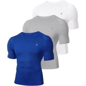 image:imageRoadbox 3 Pack Mens Compression Shirt Short Sleeve Athletic Football Running Base Layer Cool Dry T Shirts for Sports WorkoutWhiteLight GrayRoyal Blue