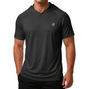 image:imageRoadbox Mens Short Sleeve Workout Gym Hoodies Lightweight Quick Dry Athletic T Shirts Sun Protection Hooded SweatshirtBlack