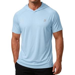 image:imageRoadbox Mens Short Sleeve Workout Gym Hoodies Lightweight Quick Dry Athletic T Shirts Sun Protection Hooded SweatshirtGlacier Blue