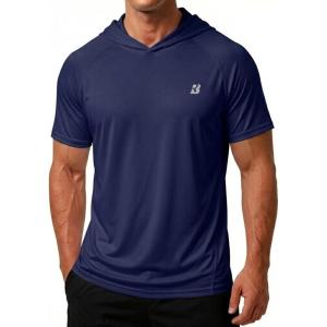 image:imageRoadbox Mens Short Sleeve Workout Gym Hoodies Lightweight Quick Dry Athletic T Shirts Sun Protection Hooded SweatshirtNavy Blue