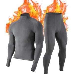 image:imageRoadbox Thermal Underwear for Men Fleece Lined Long Johns Base Layer Long Sleeve Top amp Bottom SetMock Neck Gray