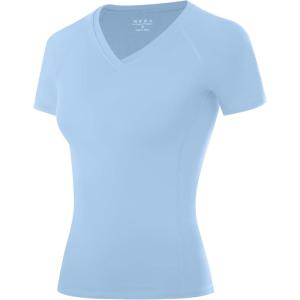 image:imageRoadbox Womens Compression Shirt Short Sleeve V Neck Workout Tops Quick Dry Athletic Gym Base Layer for Yoga Running SportsLight Blue Grey