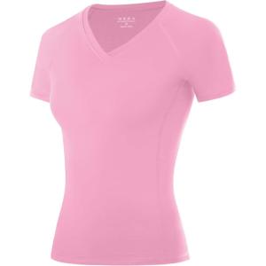 image:imageRoadbox Womens Compression Shirt Short Sleeve V Neck Workout Tops Quick Dry Athletic Gym Base Layer for Yoga Running SportsPink