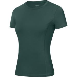 image:imageRoadbox Womens Compression Shirt Slim Fit Short Sleeve Athletic Top Workout Undershirt for Gym and YogaDark Green