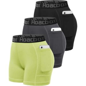 image:imageRoadbox Womens Volleyball Compression Shorts with Pockets 3 Pack Spandex Workout Athletic Shorts for Running Gym YogaBlackgreyneon Yellow