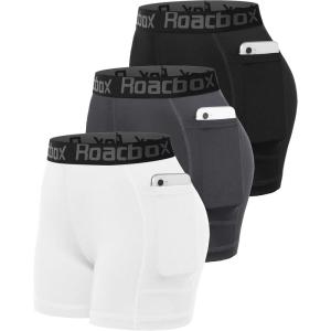 image:imageRoadbox Womens Volleyball Compression Shorts with Pockets 3 Pack Spandex Workout Athletic Shorts for Running Gym YogaBlackgreywhite