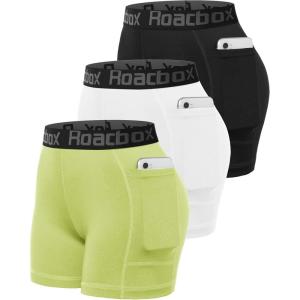image:imageRoadbox Womens Volleyball Compression Shorts with Pockets 3 Pack Spandex Workout Athletic Shorts for Running Gym YogaBlackwhiteneon Yellow