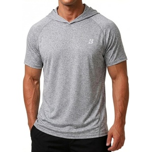 image:imageRoadbox Mens Short Sleeve Workout Gym Hoodies Lightweight Quick Dry Athletic T Shirts Sun Protection Hooded Sweatshirt Grey