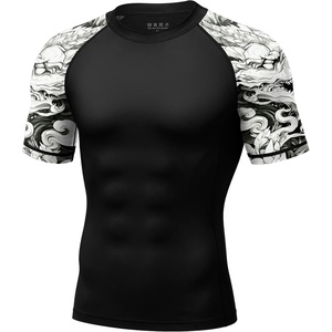 image:imageRoadbox Mens BJJ Rash Guard Short Sleeve UPF 50 Jiu Jitsu Compression Base Layer Swim Shirts for MMA No Gi Surfing02 Black With Black White Dragon