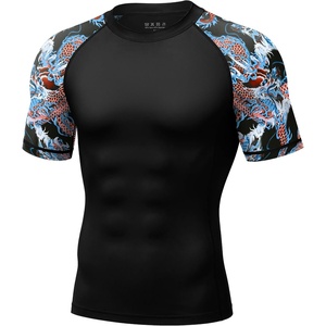 image:imageRoadbox Mens BJJ Rash Guard Short Sleeve UPF 50 Jiu Jitsu Compression Base Layer Swim Shirts for MMA No Gi Surfing03 Black With Red Blue Dragon
