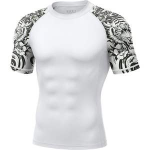image:imageRoadbox Mens BJJ Rash Guard Short Sleeve UPF 50 Jiu Jitsu Compression Base Layer Swim Shirts for MMA No Gi Surfing04 White With Black White Lion