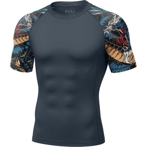 image:imageRoadbox Mens BJJ Rash Guard Short Sleeve UPF 50 Jiu Jitsu Compression Base Layer Swim Shirts for MMA No Gi Surfing09 Gray Blue With Black Dragon