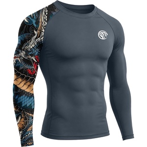 image:imageRoadbox Mens UPF 50 BJJ Rash Guard Jiu Jitsu Long Sleeve Compression Shirts MMA Athletic Base Layer Wrestling GrapplingGray Bluefloral Dragon