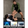 image:imageRoadbox Mens BJJ Rash Guard Long Sleeve UPF 50 Jiu Jitsu Compression Base Layer Shirts for MMA No Gi Surfing Swim02 Black With Dark Green