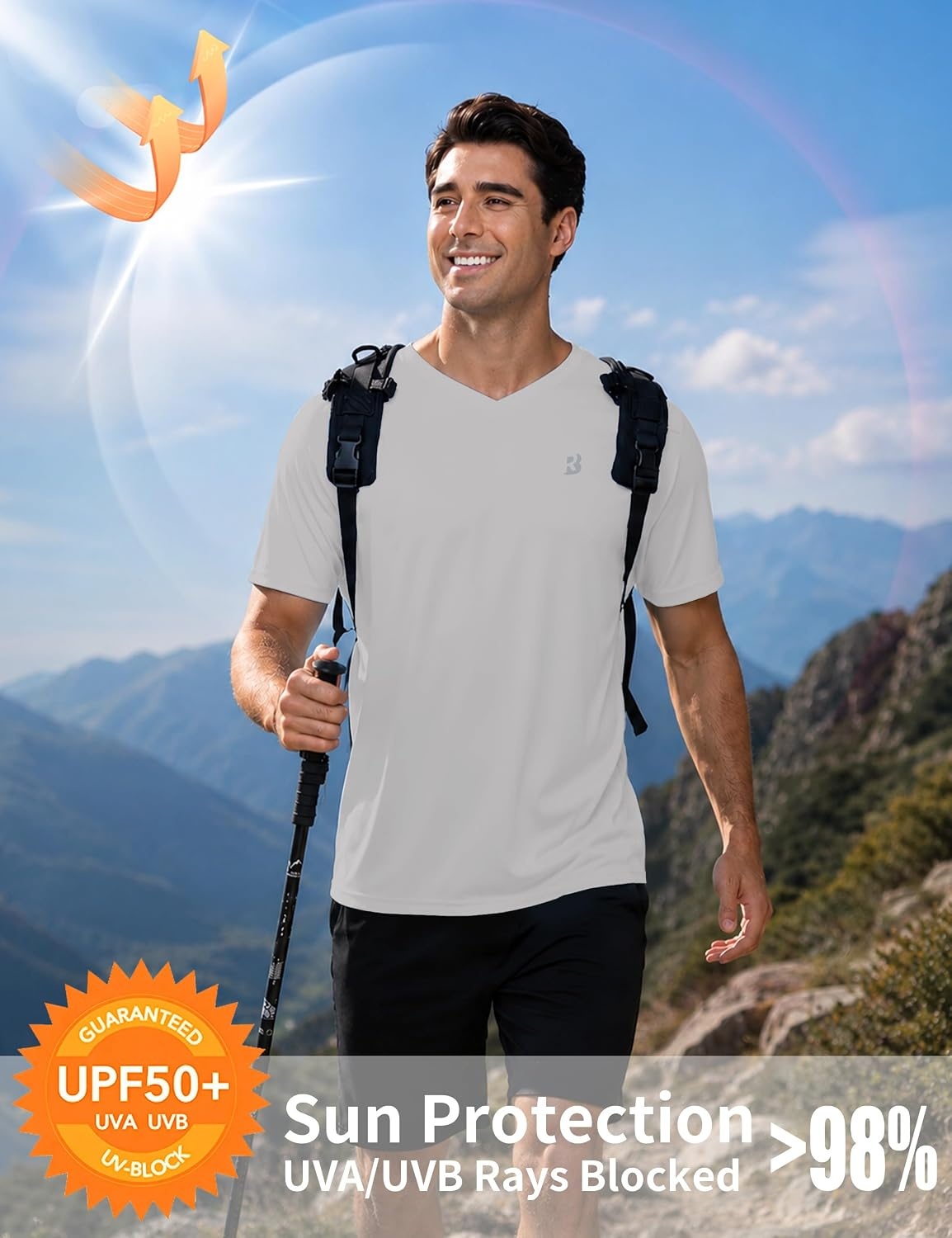 image:imageRoadbox Mens UPF 50 V Neck Swim Shirts Short Sleeve Rash Guard  UPF 50 sun protection Tagfree Vneck Quickdry comfort Lightweight 4way stretch For swimming hiking and beachLight Gray