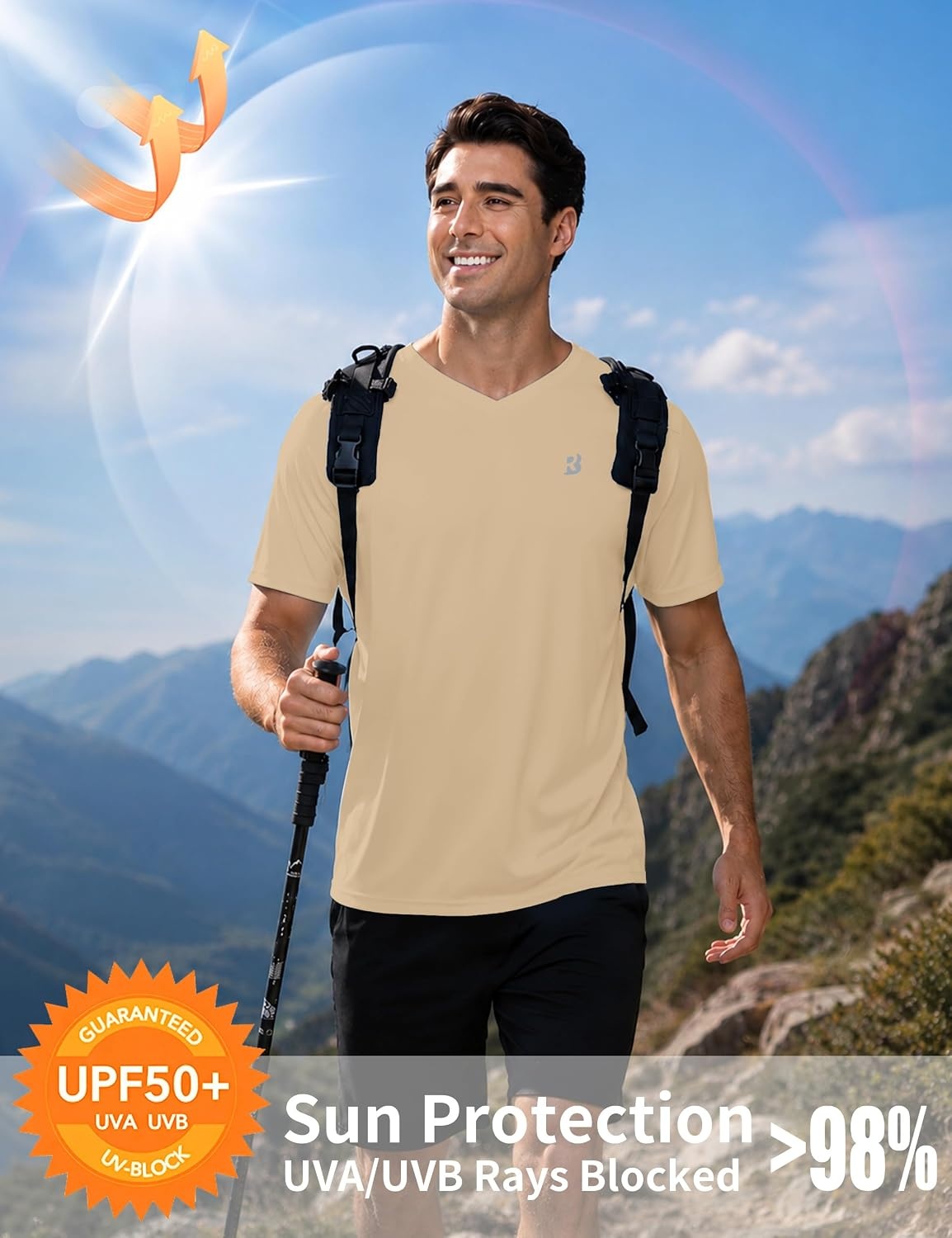 image:imageRoadbox Mens UPF 50 V Neck Swim Shirts Short Sleeve Rash Guard  UPF 50 sun protection Tagfree Vneck Quickdry comfort Lightweight 4way stretch For swimming hiking and beachKhaki