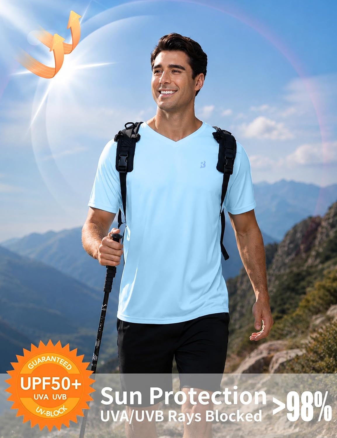 image:imageRoadbox Mens UPF 50 V Neck Swim Shirts Short Sleeve Rash Guard  UPF 50 sun protection Tagfree Vneck Quickdry comfort Lightweight 4way stretch For swimming hiking and beachLight Blue