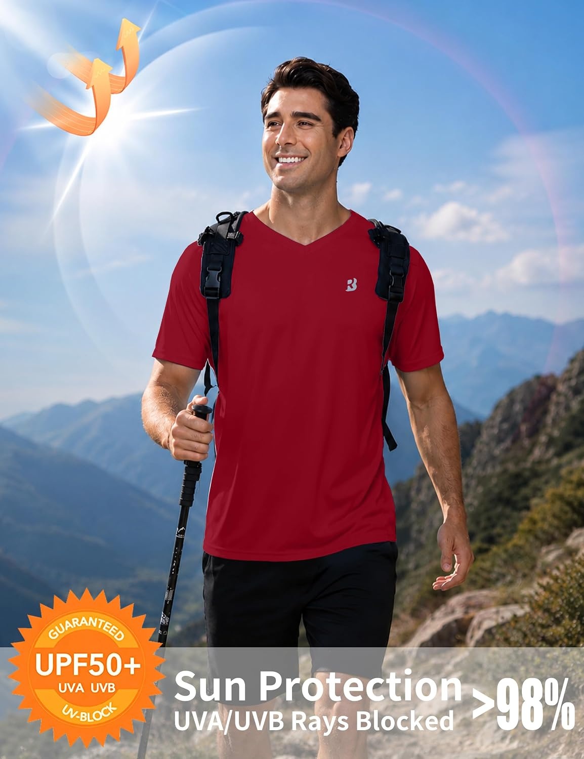 image:imageRoadbox Mens UPF 50 V Neck Swim Shirts Short Sleeve Rash Guard  UPF 50 sun protection Tagfree Vneck Quickdry comfort Lightweight 4way stretch For swimming hiking and beachRed