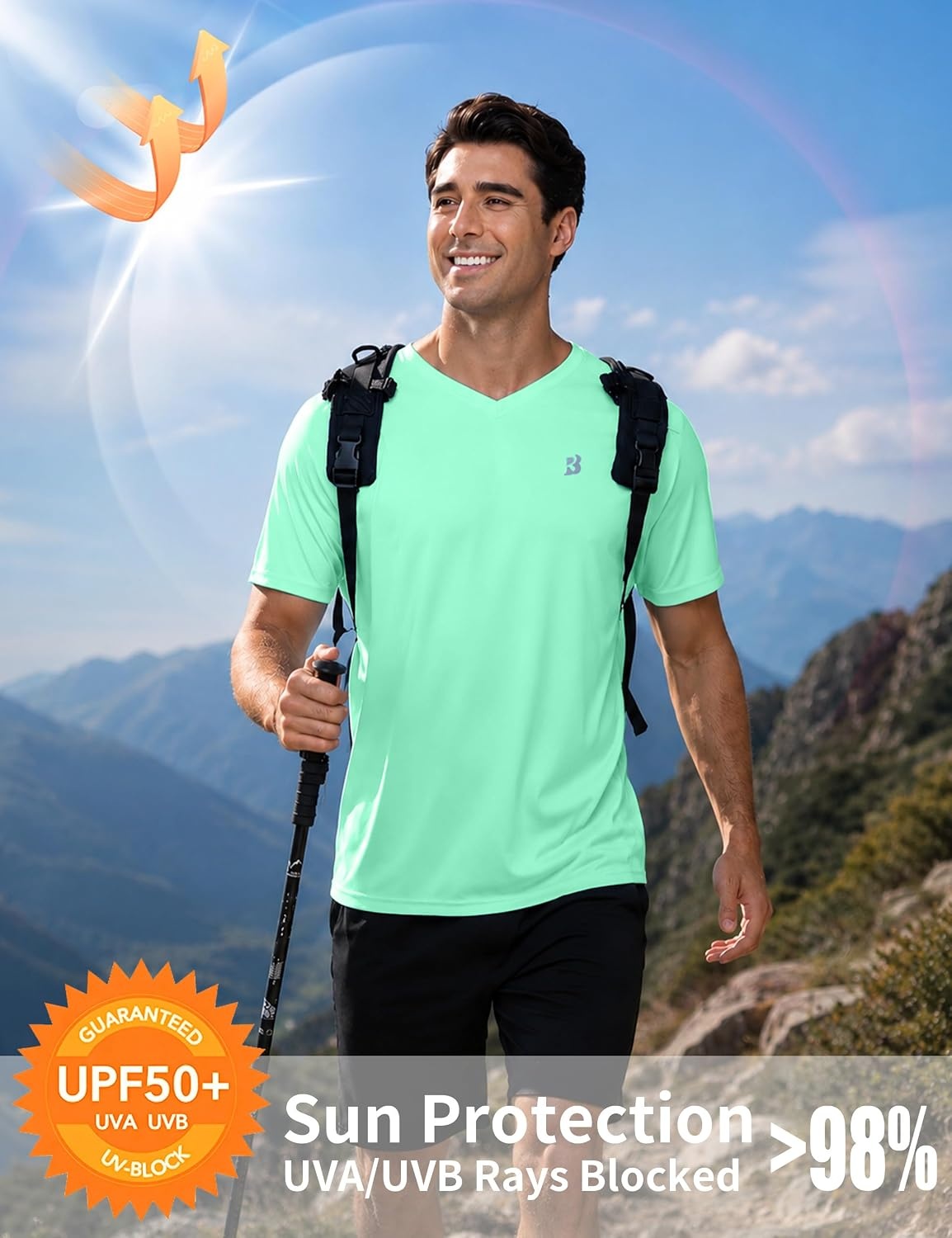 image:imageRoadbox Mens UPF 50 V Neck Swim Shirts Short Sleeve Rash Guard  UPF 50 sun protection Tagfree Vneck Quickdry comfort Lightweight 4way stretch For swimming hiking and beachLight Green